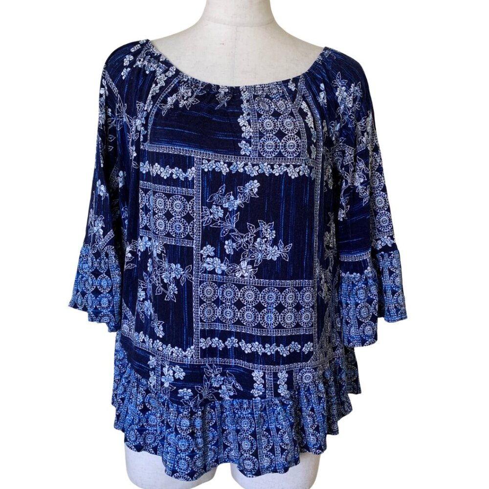 Style & Co Boho-Chic Blue Floral Bell Sleeve Blouse Size PM